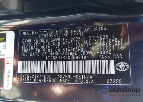 2012 Toyota Camry Le z USA, uszkodzony, nr VIN 4T1BF1FK6CU092181